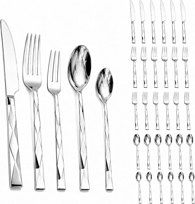 30-Piece Silverware Set for 6, Premium Stainless Steel Flatware Cutlery Set with 3D Diamond Faceted Handles, Mirror Polished & Dishwasher Safe, Modern Kitchen Utensils Set