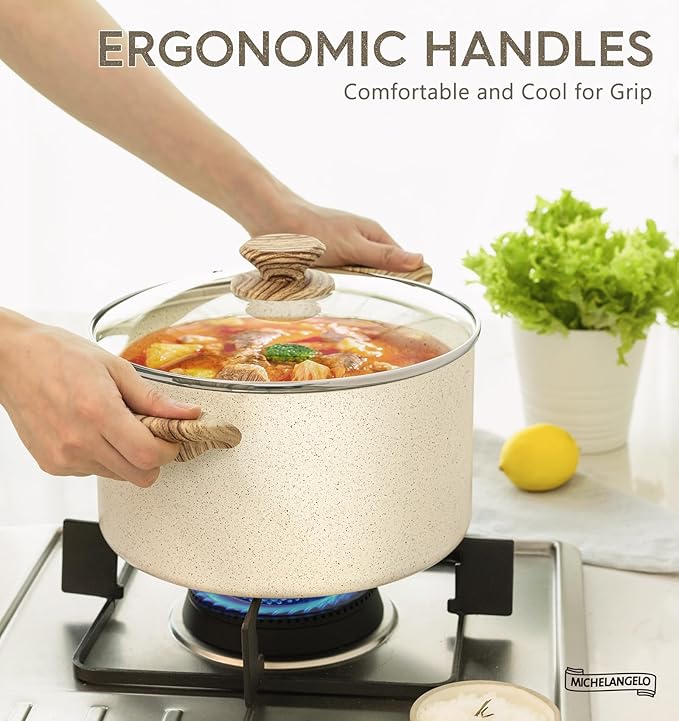 MICHELANGELO 5 Quart Stock Pot with Lid, Nonstick Soup Pot with Lid, Induction Cooking Pot White Granite, Non Stick Pot with Stay-cool Handle, 5 Quart Nonstick Pot for Cooking