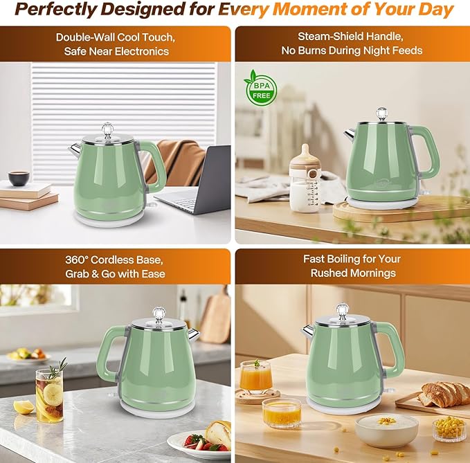 Electric Kettle 1.8L, Sage Green | Retro, 1350W Fast Boil, Stainless Steel Interior, BPA Free, Automatic Shut Off