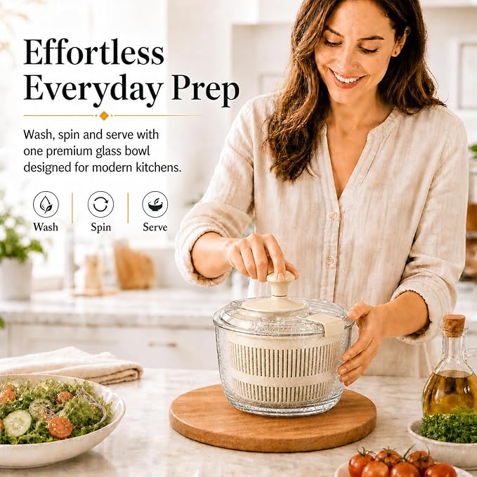 Glass Salad Spinner 3.2 Qt, Small Salad Spinner, Glass Bowl, White | Removable Lid, Storage Lid, Dishwasher-Safe Glass Bowl, Fruit & Vegetable Washer Dryer, Drain Spout, Crank Handle