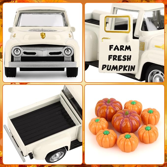 Hooqict Fall Pumpkin Truck Thanksgiving Decor with 8 Pumpkins Mini Metal Truck Vintage Pickup Car Model for Fall Autumn Harvest Thanksgiving Table Decorations Kitchen Farmhouse Tiered Tray Decor
