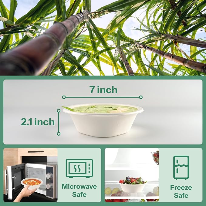 Disposable Bowls 24 Oz [50 Pack] - Compostable Bowls, Heavy Duty Paper Bowls Microwave Safe BPA-Free Eco Dinnerware for Kids Meals & Food Trucks (White)
