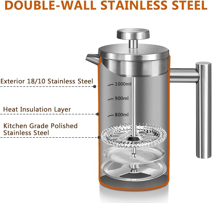 Large French Press Coffee Maker 50oz (1.5L), 304 Stainless Steel Double Wall Insulated Coffee Press for Camping, Backpacking, Party, Travel, Gift Set, Dishwasher Safe (Silver, 6-8 Cups)