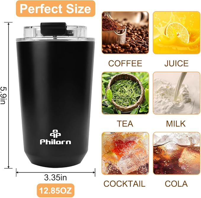 PHILORN Travel Mug Spill Proof - 12 OZ Insulated Coffee Cup With Lid | Black Stainless Steel Coffee Mug with Double Wall, For Hot and Cold Drinks