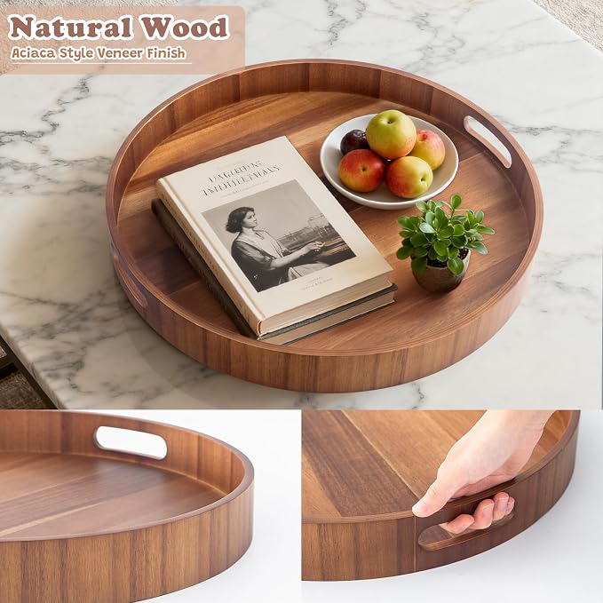 20 Inch Ottoman Coffee Table Tray with Handles, Large Round Wooden Serving Tray, Big Decorative Kitchen Organizer Giant Sofa Storage Trays Huge Counter Serveware