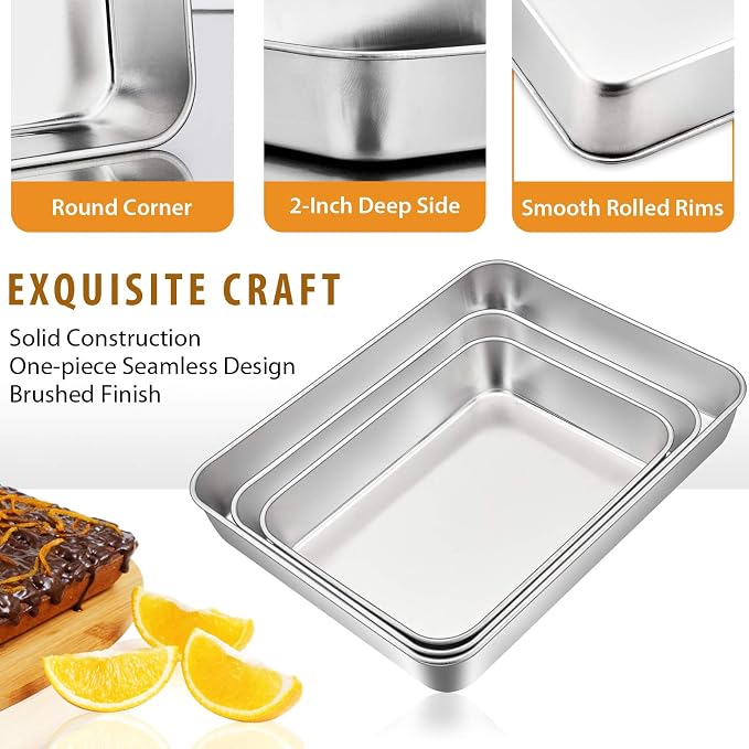 E-far Baking Pans Set of 3, Stainless Steel Sheet Cake Pan for Oven | 12.5/10.5/9.4Inch, Rectangle Bakeware Set for Cake Lasagna Brownie Casserole Cookie, Non-toxic & Healthy, Dishwasher Safe