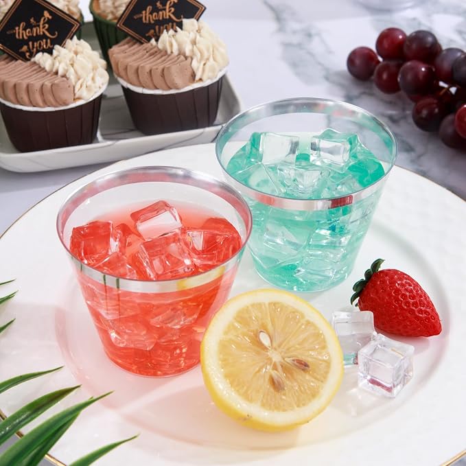 IOOOOO I00000 100PCS Silver Plastic Cups,9 oz Clear Plastic Cups with Silver Trim, Heavy-Duty Disposable Hard Cup For Party, Premium Cup Perfect for Wedding & Party