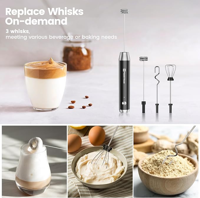 Maestri House Rechargeable Milk Frother,Stand & 3 Detachable Whisks | Lunafro Plus 8000RPM Turbo Motor, 1200mAh lithium battery, Handheld Milk Frother for, Cappuccino, Matcha & Protein Powder