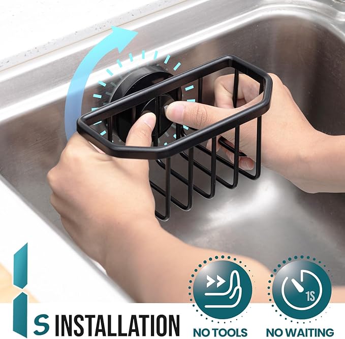 TAILI Sponge Holder for Kitchen Sink with Suction Cup-Black Aluminum | Rustproof Aluminum Sink Caddy for Sponges,Brushes,Stoppers & Scrapers,Removable Ventilated Quick-dry Design, holds Up 11lbs