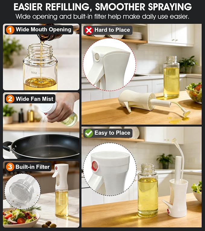 Oil Sprayer for Cooking, Olive Oil Sprayer, Approx. 1g Per Press (1) | Patented Spray Structure, Glass Bottle, Wide Fan Mist, Built-in Filter for Air Fryer, Salad, BBQ and Baking