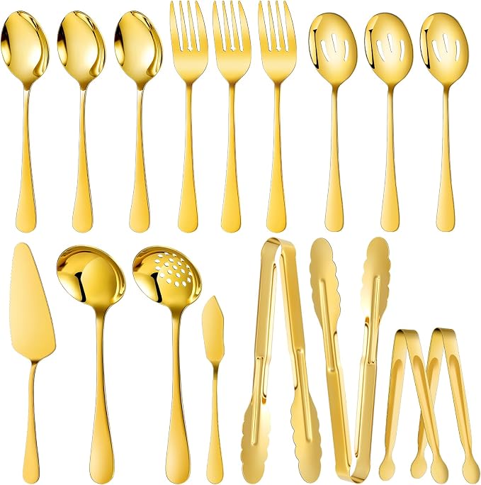 Mwellewm 17Pcs Serving Utensils, Gold Stainless Steel Serving Spoons, Slotted Spoon, Fork, Tongs, Cake Pie Server, Soup Spoon, Metal Buffet Banquet Cutlery Set for Parties Entertaining Catering