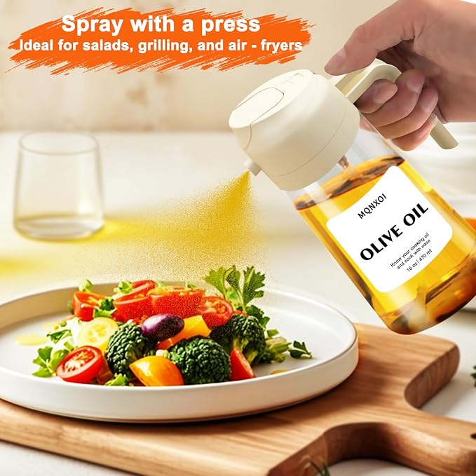 2 in 1 Glass Oil Sprayer & Dispenser,16oz/470ml Olive Cooking, Air Fryer, and Salad, for Kitchen Gadgets and Air Fryer Accessories, w/Stickers (White)