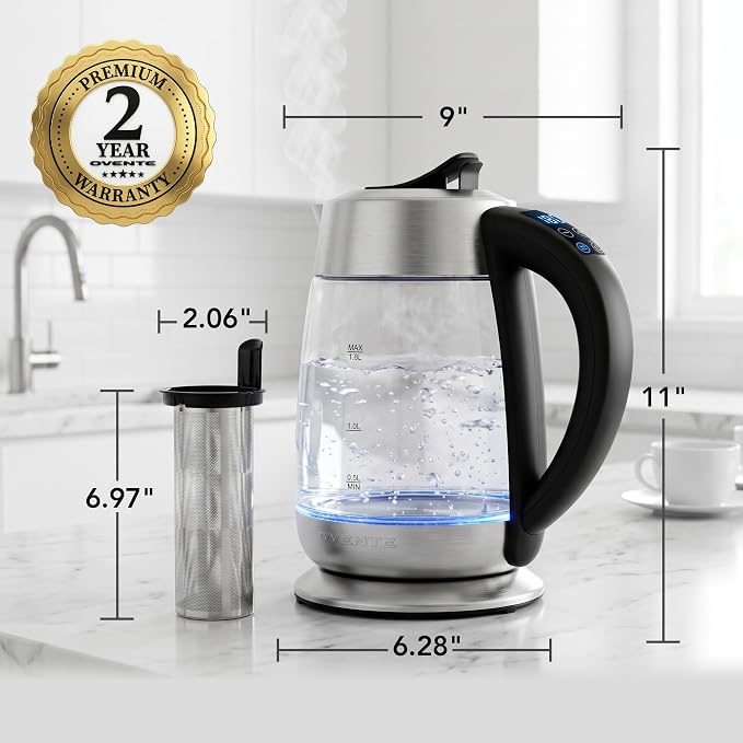 OVENTE 1.8L Glass Electric Kettle with Tea Infuser, Silver KG6610S | 1500W Fast Boiling, Easy Fill Lid, 6 Temperature Control, Keep Warm, Digital Display, BPA-Free, Auto Shut-Off, 360° Base