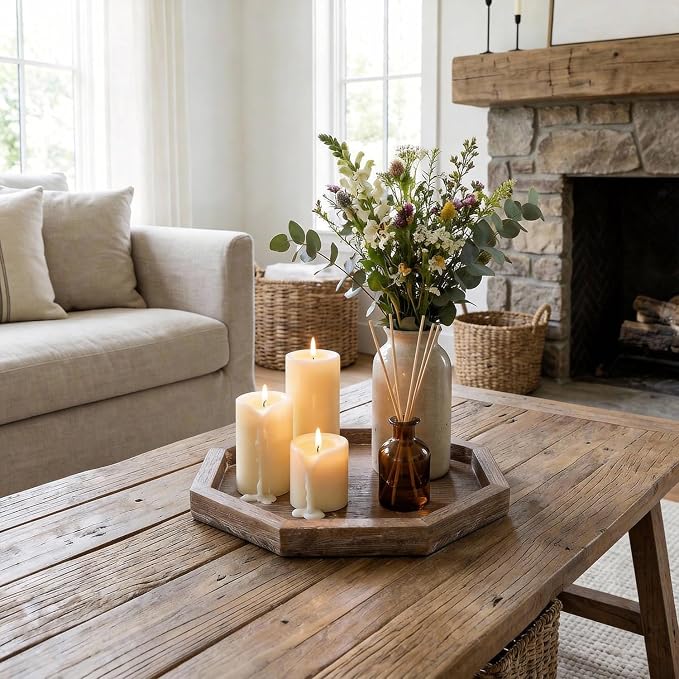 Rustic Candle Holder Plate Round Wooden Decorative Tray for Coffee Table | Boho Farmhouse Kitchen Home Counter Decor Living Room Small Wood Serving Tray Dining Table Centerpiece Bathroom Vanity Trays