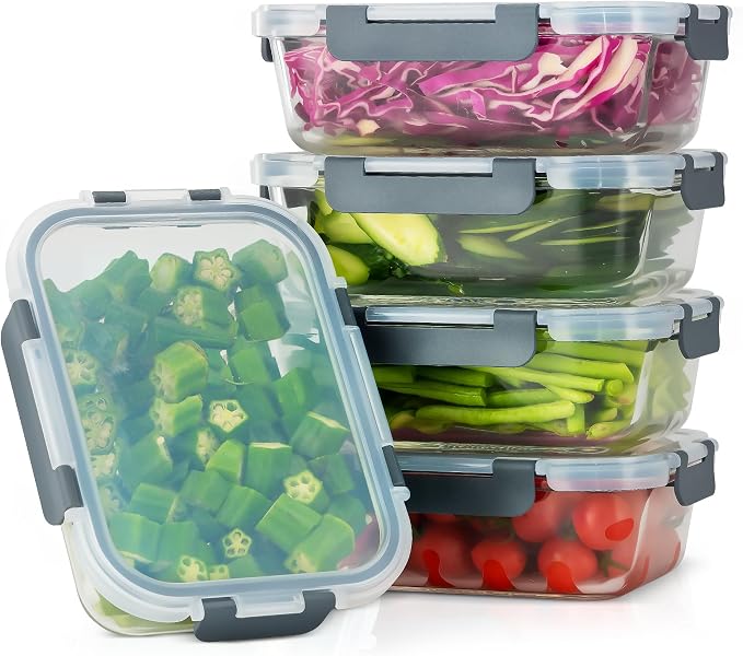 WWWYH.DSS 5 PACK 36 oz Glass Storage Containers with Lids, Grey | Glass Food Storage Container Set with Snap Airtight Lids, Microwave Oven Freezer Dishwasher Safe, BPA-Free