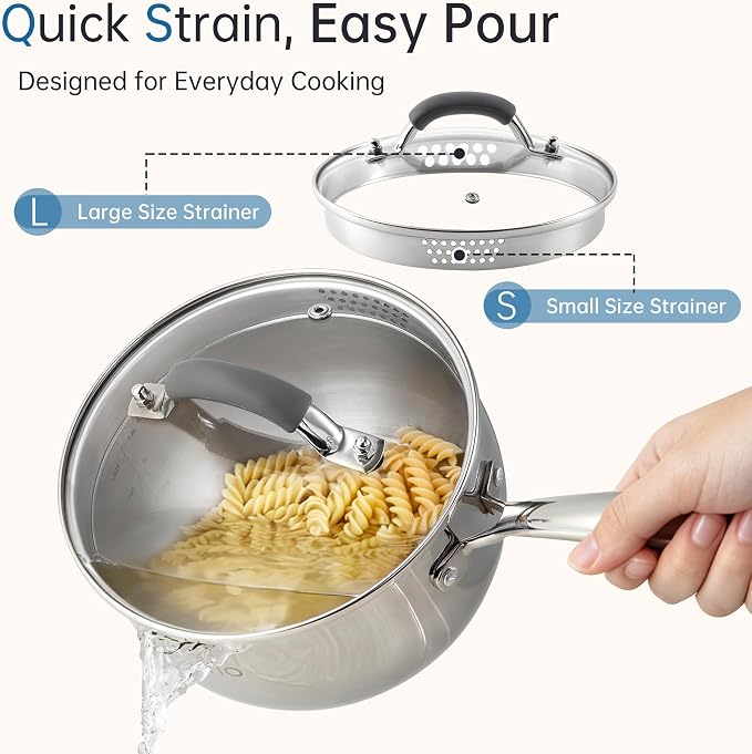 Tri-Ply Stainless Steel Sauce Pan, 2.5 Qt Saucepan with Strainer Lid | Non-Toxic, Dual Pour Spouts, Measurement Mark, Compatible All Cooktops, Anti-Scald Handle, Oven Safe 500°F, Dishwasher Safe