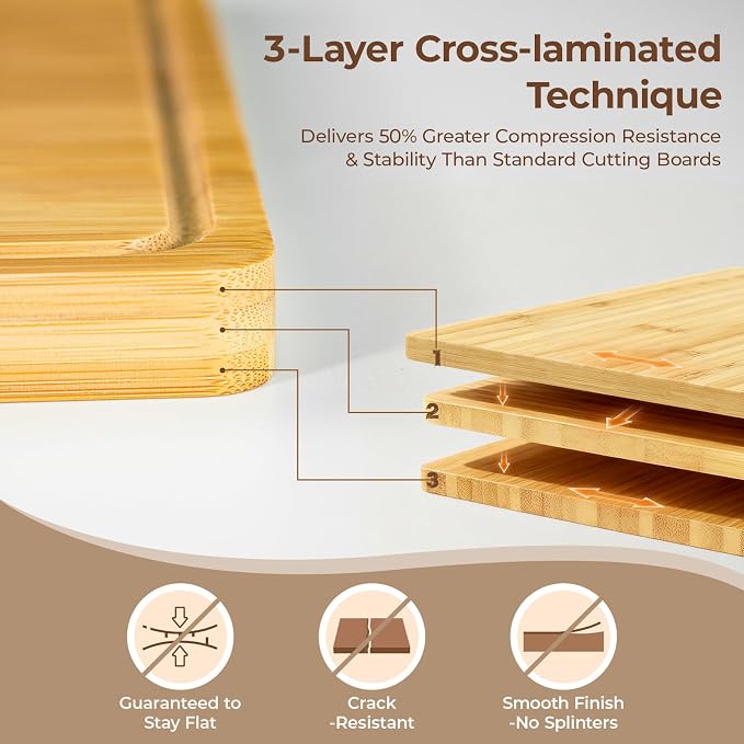 Bamboo Cutting Boards Set of 4 for Kitchen with Wood Storage Stand | Premium Chopping & Charcuterie Board with Juice Groove, Non Slip Feet and Easy-Grip Handles, Steak Serving Tray, Gift Box