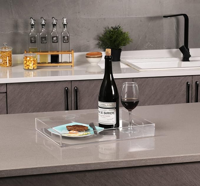 Sooyee Clear Acrylic Serving Tray, 16" x 12" | Coffee Table Trays, Plastic Tray for Living Room, Bathroom, Ottoman Coffee Table, Home Decorative Tray