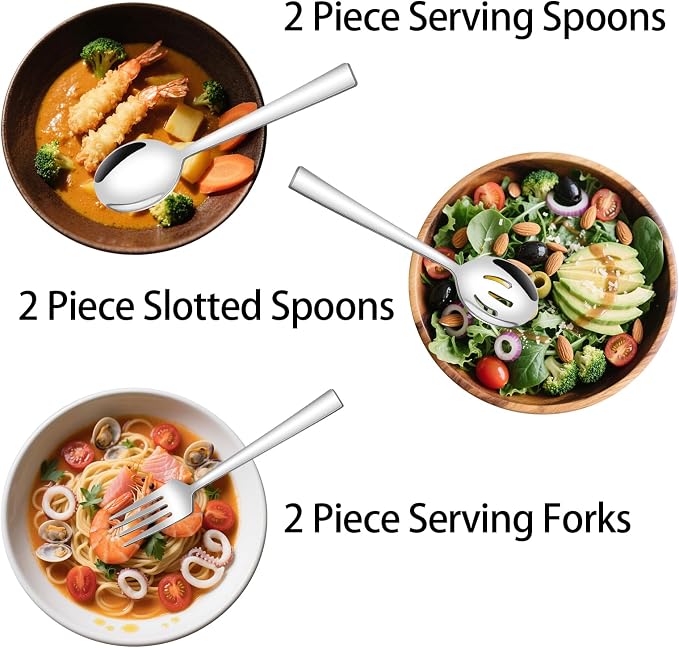 Stainless Steel Serving Utensils, Amafox 10-Piece Serving Utensils Set - Spoons,Slotted Spoons,Forks, Appetizer Tongs,Cake Server and Butter Knife for Party, Daily Use(Silver)