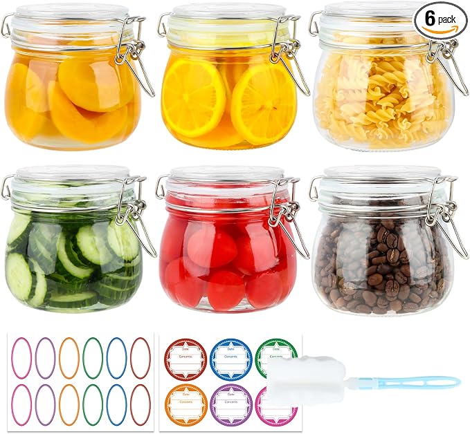 HINGWAH 16oz Glass Jars with Airtight Lids, 6 Pack Mason Jars | Wide Mouth Jars with Clamp Lids, Glass Storage Containers with Lids for Pickling, Coffee, Herb, Spice, Sugar, Kitchen Storage