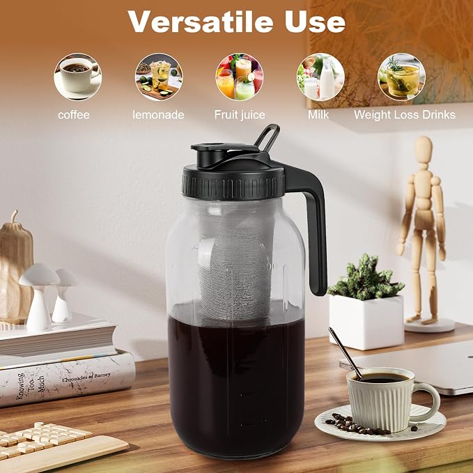 Cold Brew Coffee Maker, 64 oz Mason Jar Pitcher with Stainless Steel Filter, Pour Spout Handle Lid, Airtight & Leak-Proof for Iced Coffee,Tea & Lemonade