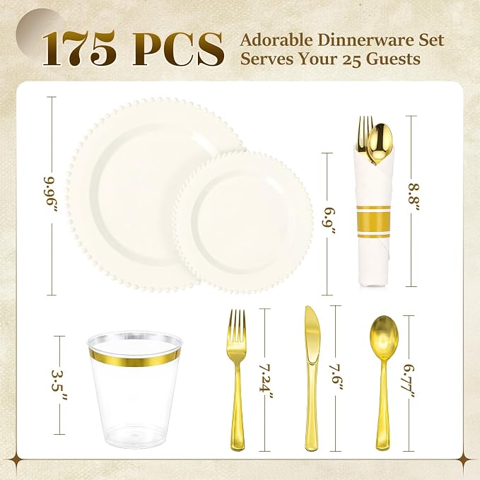 175pcs Plastic Dinnerware Set Ivory 25 Guests for Wedding | Fancy Beaded Plastic Plates Include 50 Elegant Plastic Plates,25 Cups and 25 Pre Rolled Napkins with Cutlery Set