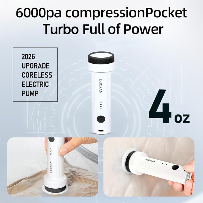 Cordless Electric Vacuum Pump for Vacuum Storage Bags Travel Air Pump, Portable USB Rechargeable Seal & Compression Bag Pump for Clothes, Blankets & Bedding (Black)