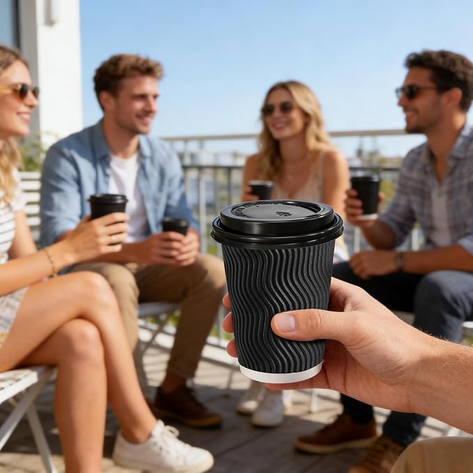 Lamosi 50 Pack 8 oz Disposable Coffee Cups with Lids and Straw, Black | Insulated Corrugated Ripple Wall Hot Cups with Lids for Hot Drink, Office, Coffee Bars, Meetings, and Short To-Go Use