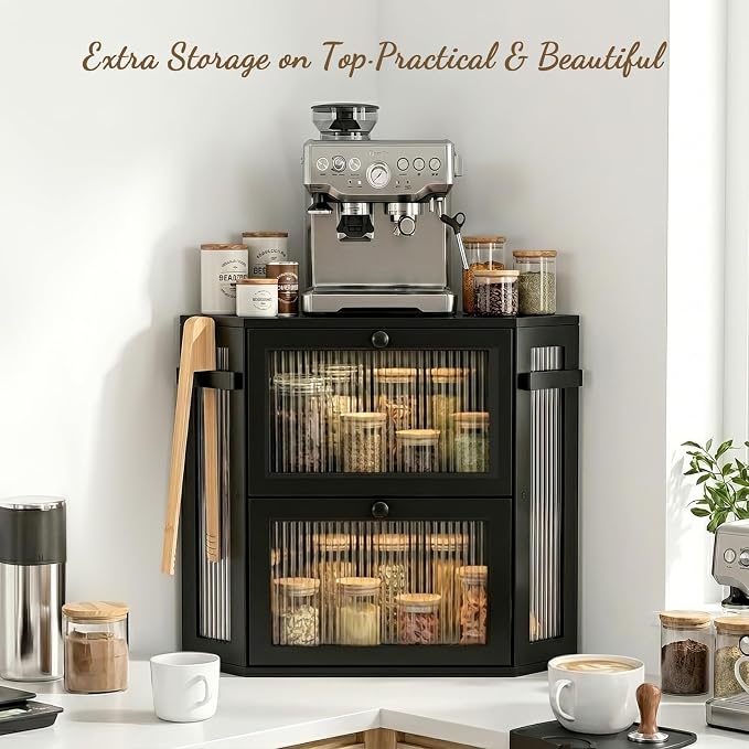 Corner Bread Box for Kitchen with Bread tongs,Black | Bamboo Bread Box For Homemade Bread Storage,Double Layer Corner Bread Box For Kitchen Countertop