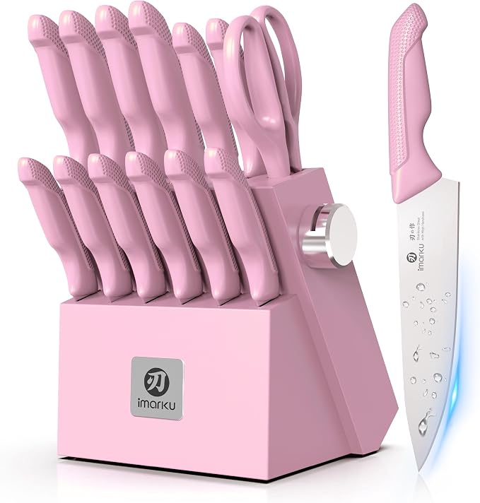 imarku 14-Piece Japanese Stainless Knife Set with Build-in Sharpener,Pink | Kitchen Knife Set with Block|15°Precision Edge|56±2 HRC Hardness|Built-in sharpener|Ergonomic handles|Dishwasher safe