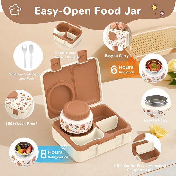 Kids Insulated Lunch Box with 8OZ Thermo Food Jar | Leakproof Bento Box with Ice Pack Sauce Cup Utensils Removable Tray & Dividers for School Daycare Travel, Capybaras