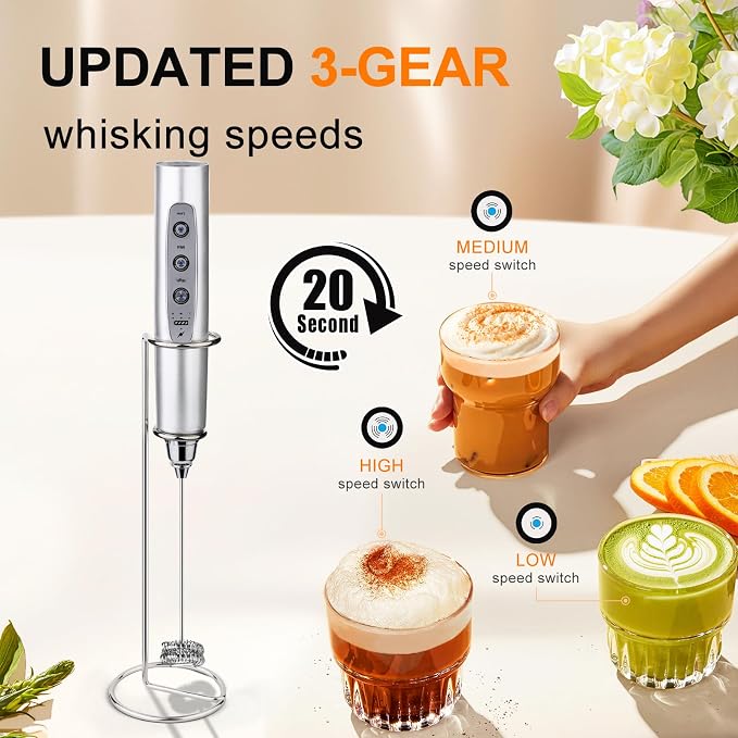 YUSWKO Handheld Milk Frother Wand for Coffee, Rechargeable Electric Whisk with 3 Heads 3 Speeds Drink Mixer Coffee Frother For Latte, Cappuccino, Hot Chocolate, Egg, Silver with Holder