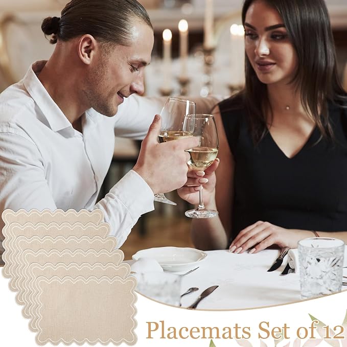 Linen Placemats Set of 12 Scalloped Placemat 13 X19 Wavy Embroidery Double Layered Washable Farmhouse Dinner Fabric Table Mat Napkin for Wedding Party Restaurant(Regular,Cream)