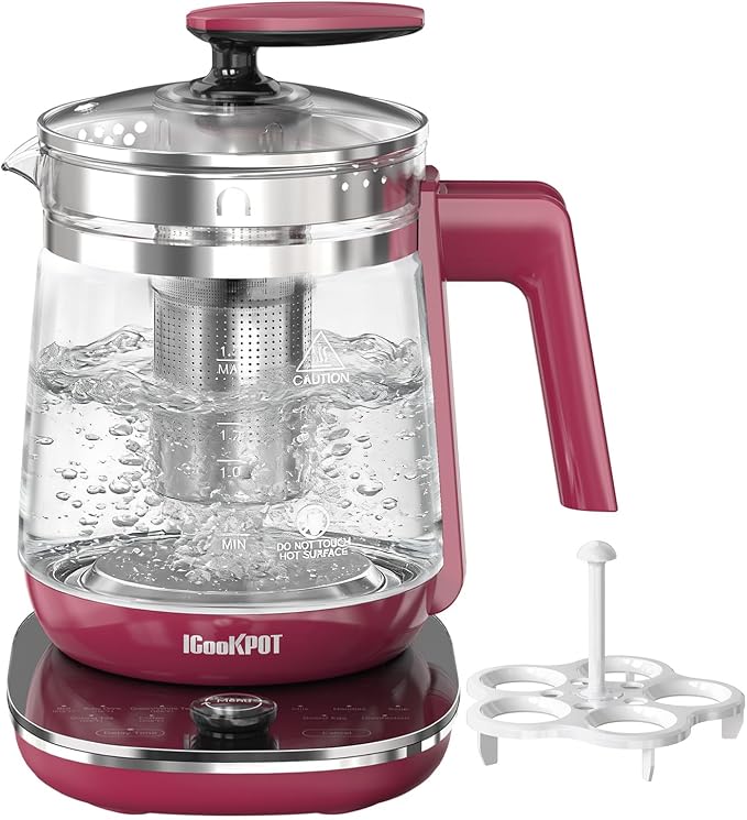 1200w Electric Kettle, 1.5L Borosilicate Glass tea kettle, Hot water kettle electric for Coffee or Tea, BPA Free, Auto Shut-Off, Stainless Steel, Fast Boil, Red