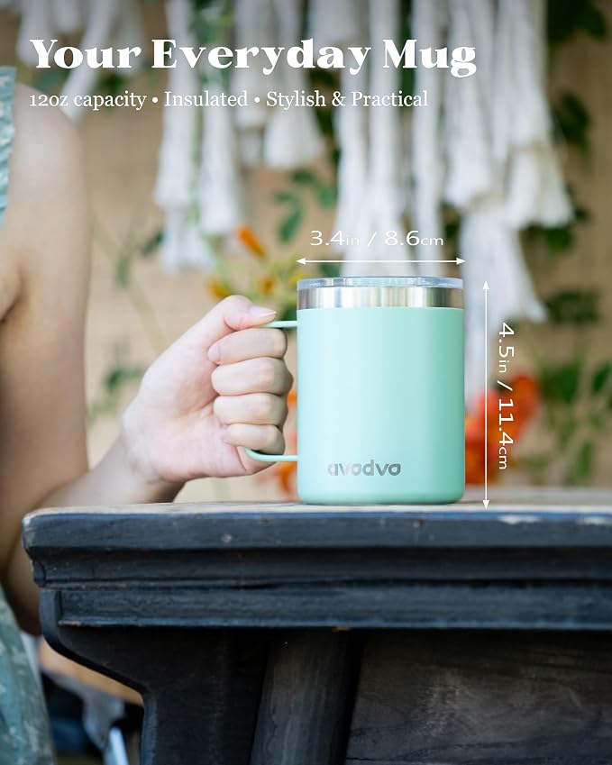 12oz Insulated Coffee Mug with Lid – Includes Two Lids, Stainless Steel Coffee Travel Mug with Handle, Double Wall Vacuum Insulated Camping Mug for Home, Office & Outdoor, Mint Green