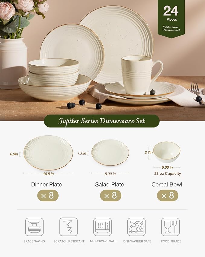 Famiware Jupiter Stoneware Dinnerware Sets for 8, Rimmed Plates and Bowls | 24-Piece Ceramic Speckled Dish Set, Chip & Scratch Resistant, Microwave & Dishwasher Safe, Rustic Modern Style, Vanilla White