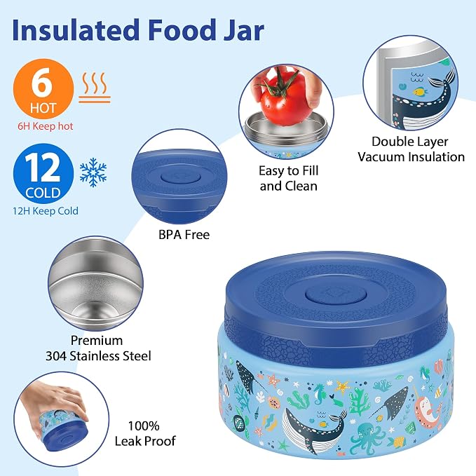 Kids Bento Lunch Box Set with 9.5oz Soup Thermo, Leak-Proof Lunch Food Containers with 3 Compartment and Removable Inner Tray, Insulated Hot Food Jar with Lunch Bag for School, Office, Sea Blue
