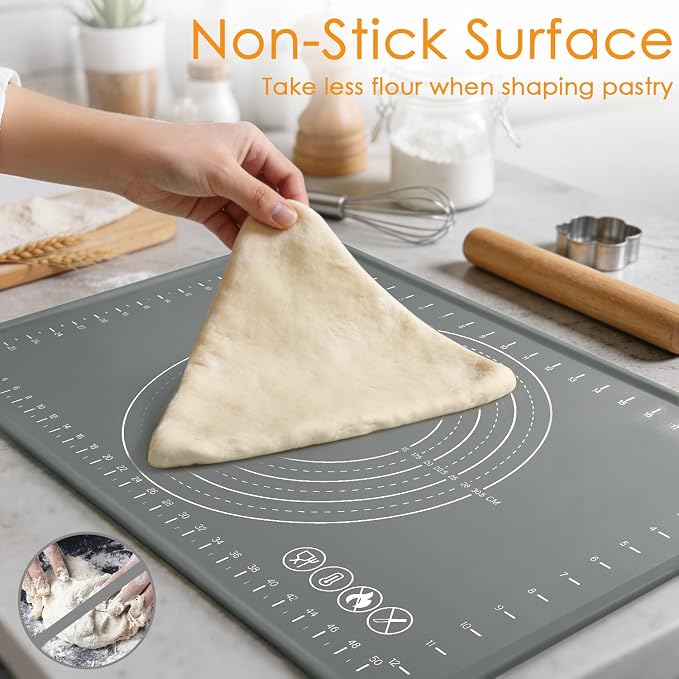 Silicone Pastry Mat 24" x 16" Baking Mat with Measurements and Edge Heightening, Thick Non-slip BPA Free Silicone Pad for Countertop Rolling Kneading Dough, Bread, Cookies,Pizza, Fondant,Dark Gray
