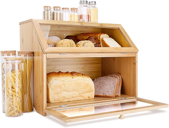 HOMEKOKO Double Layer Bread Box for Kitchen Countertop, Natural Bamboo | Keeps Bread Fresh 3-4 Days, Large Capacity Fits 2+ Loaves, Suitable For Home Kitchen Food Storage Use, See-Through Window