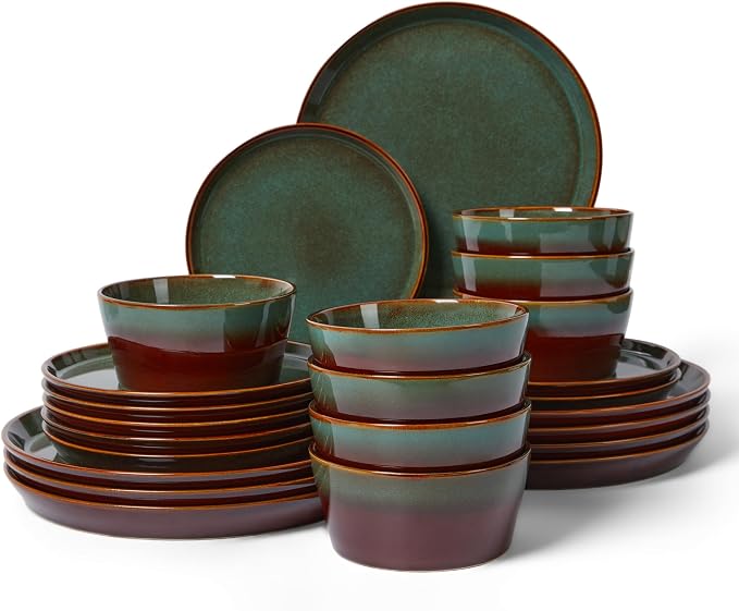 Plates and Bowls Sets for 8, Ceramic Dinnerware Sets, Kitchen Dish Set, Microwave & Dishwasher Safe Dishware, Highly Durable Handcrafted Dinner Set, Brown Green