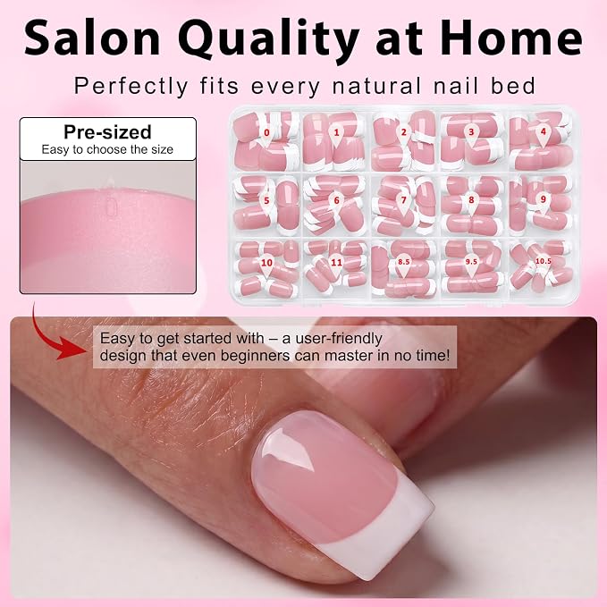 240pc Short French Tip Press on Nails Square Fake Nails with Glue Tabs | Short Nails Press ons Square Glue on Nails Pink Acrylic Nails Stick False Nail Artificial Fingernail for Women Girls