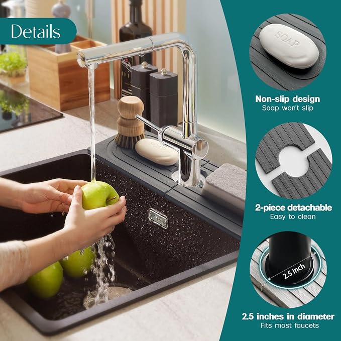 Faucet Mat for Kitchen Sink - Wider Diatomite Fast Drying Stone Sink Tray, Super Absorbent, Prevents Moisture Buildup - Faucet Splash Guard for Bathroom Counter (Dark Grey, 15x5.3inch)