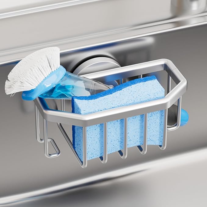 TAILI Sink Caddy with Strong Suction Cup, Sponge Holder for Sink-Silver | for Kitchen Sink Organizer, Removable Sponge Caddy Inside Sink, Rustproof Aluminum Holder for Sponges, Brushes, Scrubber