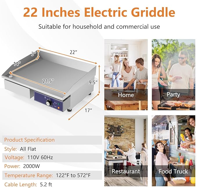 Giantex Commercial Electric Griddle, 22" Flat Top Teppanyaki Grill 2000W | Cast Iron Griddle Plate, Stainless Steel Frame, 122℉-572℉ Adjustable Tempe Control, for Home Kitchen & Restaurant