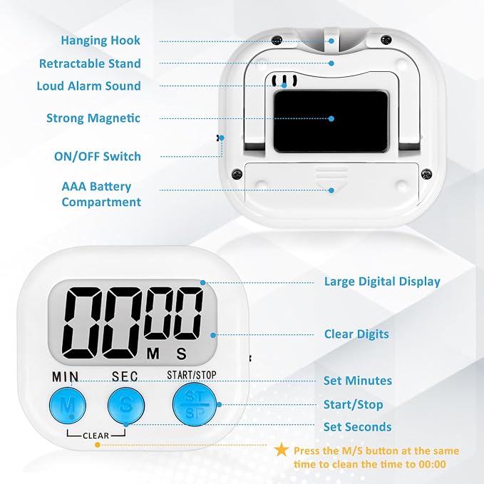ZILLEEN Digital Kitchen Classroom Timers for Kids Cooking 12pcs Wht Grn Pk | Strong Magnetic, Large Screen, Big Button, Count Up/Down, Loud Alarm, Teacher Classroom Must Haves Supplies