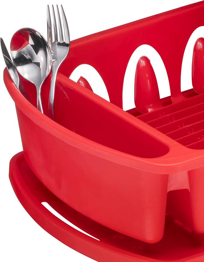 Tribello Sink Dish Drying Rack, Heavy Duty Hard Plastic Sink Set with Drainer (Red)