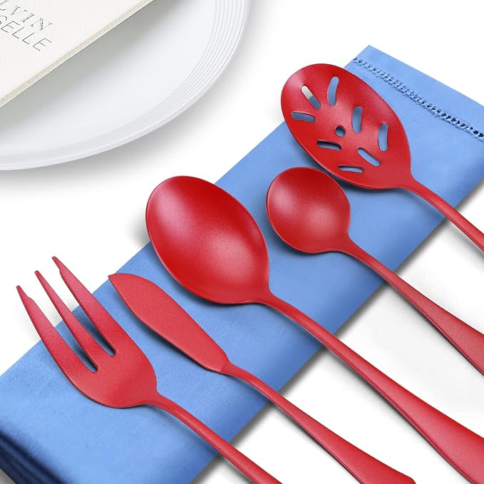 Bysta Serving Utensils Set, Red 5-Piece Hostess Set, Stainless Steel Silverware Flatware Cutlery Serving Set, Dishwasher Safe