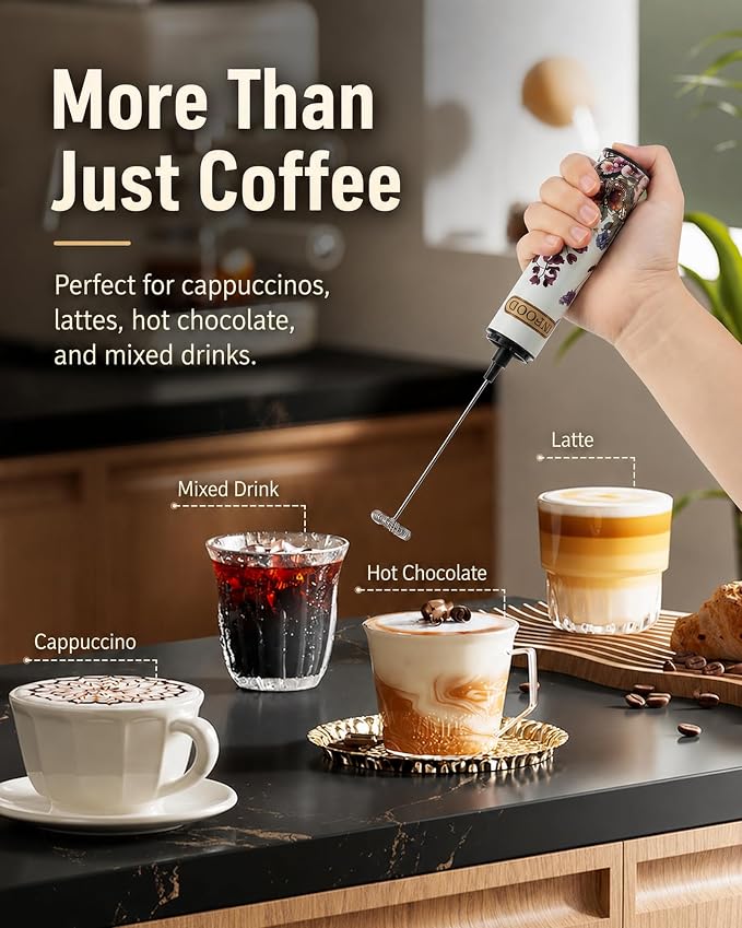 INFOOD Rechargeable Milk Frother with Cover, 2-Speed, 2 Whisks, Floral | Stainless Steel Body and 2 Detachable Whisks, Floral Design, for Lattes, Cappuccinos, Hot Chocolate, and Egg Whites