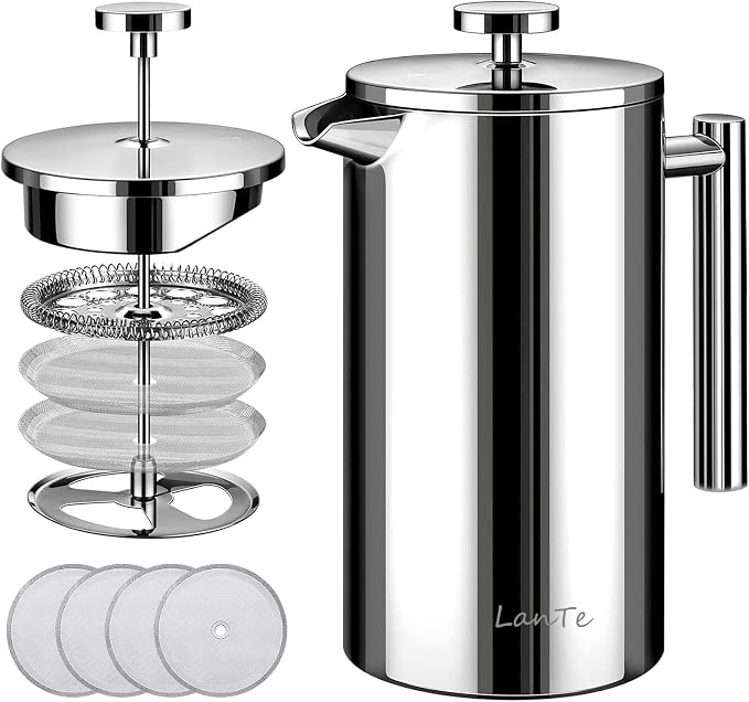 LANTE French Press Coffee Maker, Double Insulated 304 Stainless Steel Coffee Tea Maker 4 Level Filtration System, No Coffee Grounds, Rust-Free, Dishwasher Safe, 1000ml