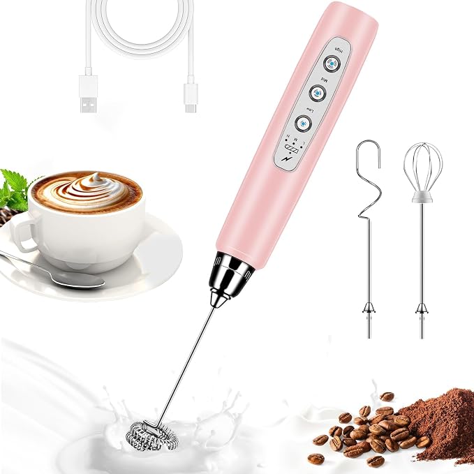 Milk Frother Wand Rechargeable Handheld Whisk Coffee 3 Speed Adjustable | Electric Whisk Drink Mixer with Stainless 3 Whisks Hand Frother , Foam Maker for Latte Cappuccino Matcha Egg Silver